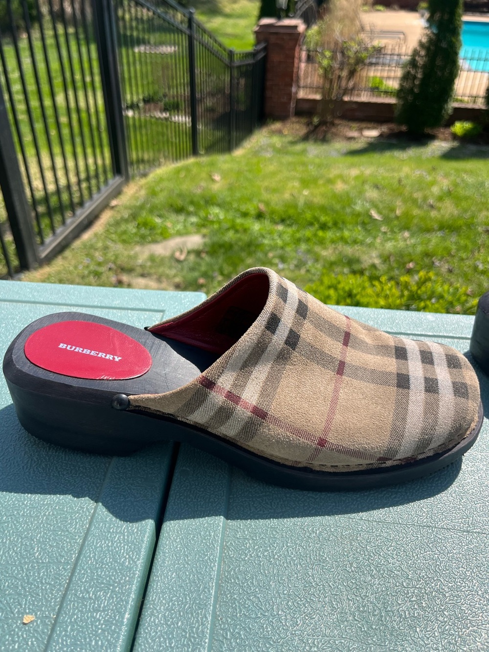 Burberry Nova Check Plaid Suede Clogs